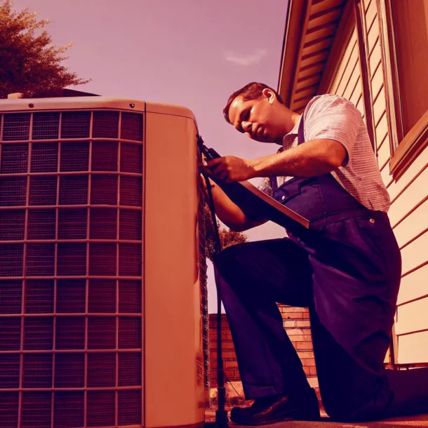 HVAC technician evaluating an outdoor AC unit at a Garland home