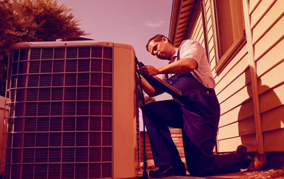 HVAC technician evaluating an outdoor AC unit at a Garland home