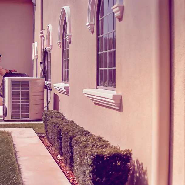 HVAC technician inspecting a residential air conditioner in Texas