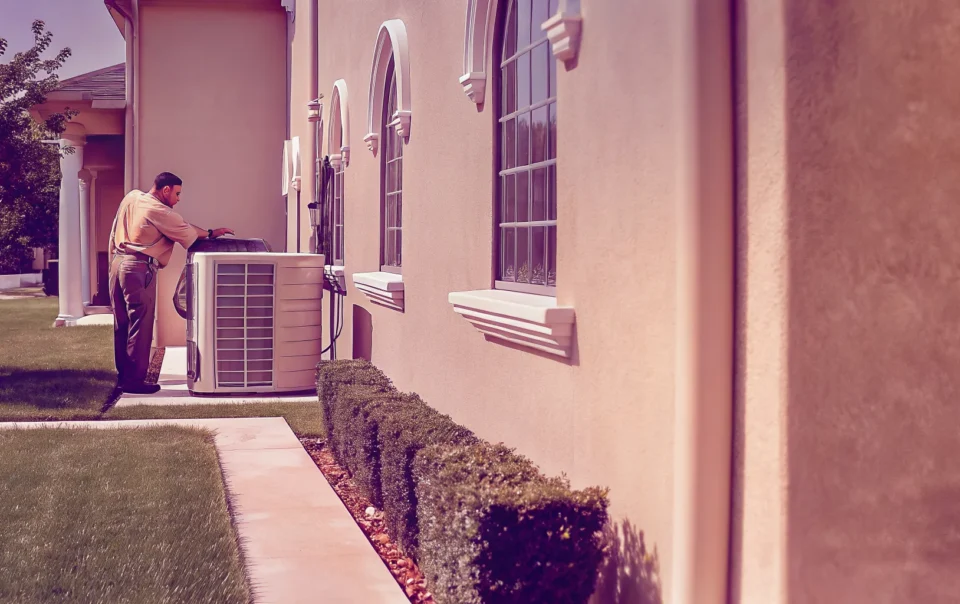 HVAC technician inspecting a residential air conditioner in Texas