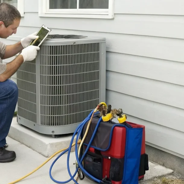 Air conditioner repair technician diagnosing an outdoor unit with pressure gauges.