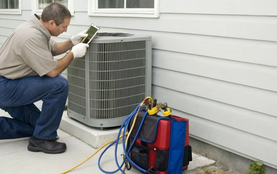 Air conditioner repair technician diagnosing an outdoor unit with pressure gauges.
