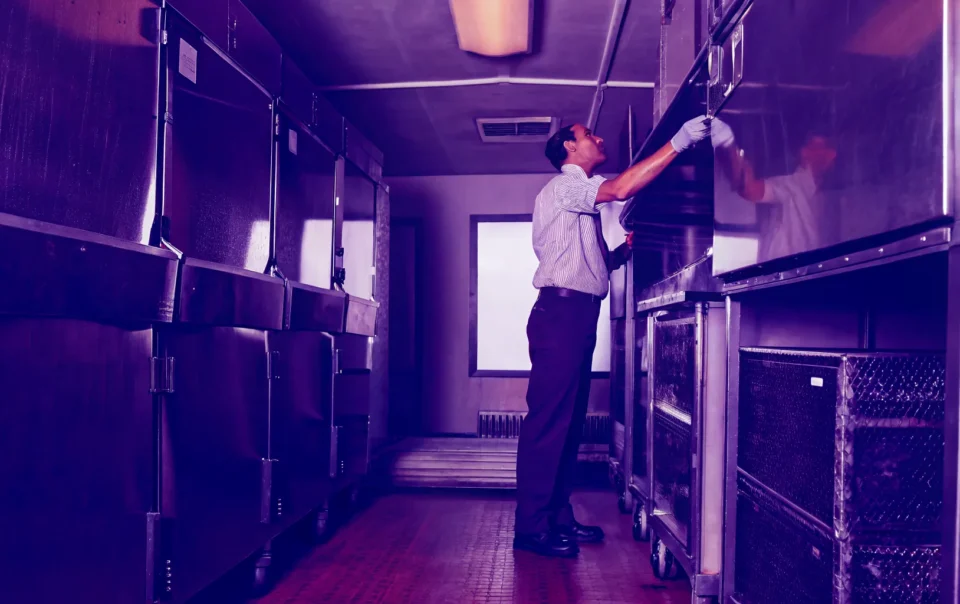Technician inspecting commercial refrigeration equipment in DFW