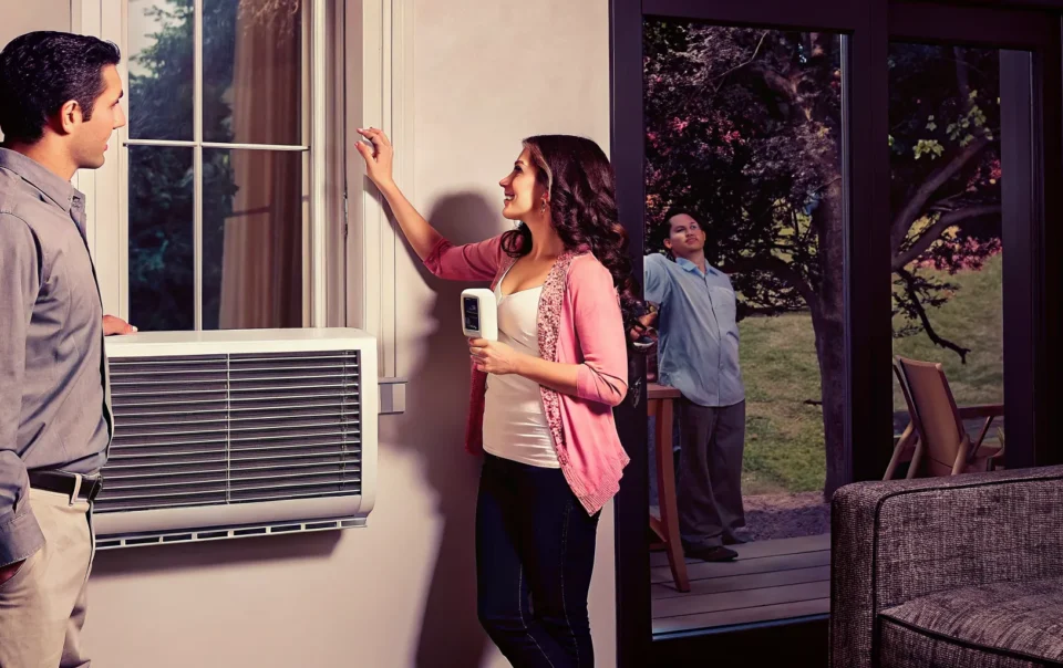 Homeowner checking a thermostat while a heat pump warms the home
