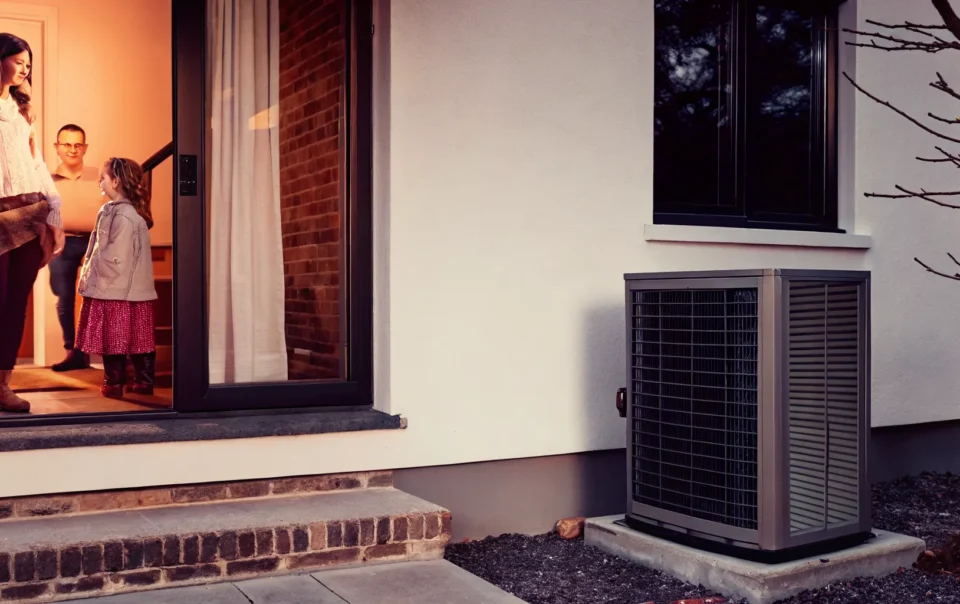 Outdoor heat pump beside a North Texas home