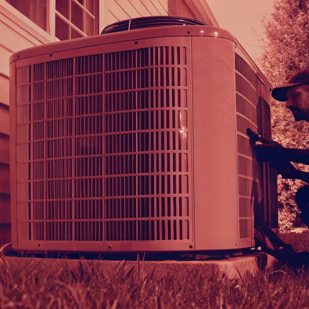 HVAC technician inspecting an outdoor AC unit at a Texas home