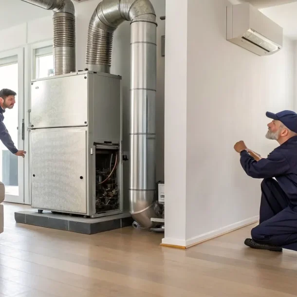 A technician inspecting the components of a home HVAC system.