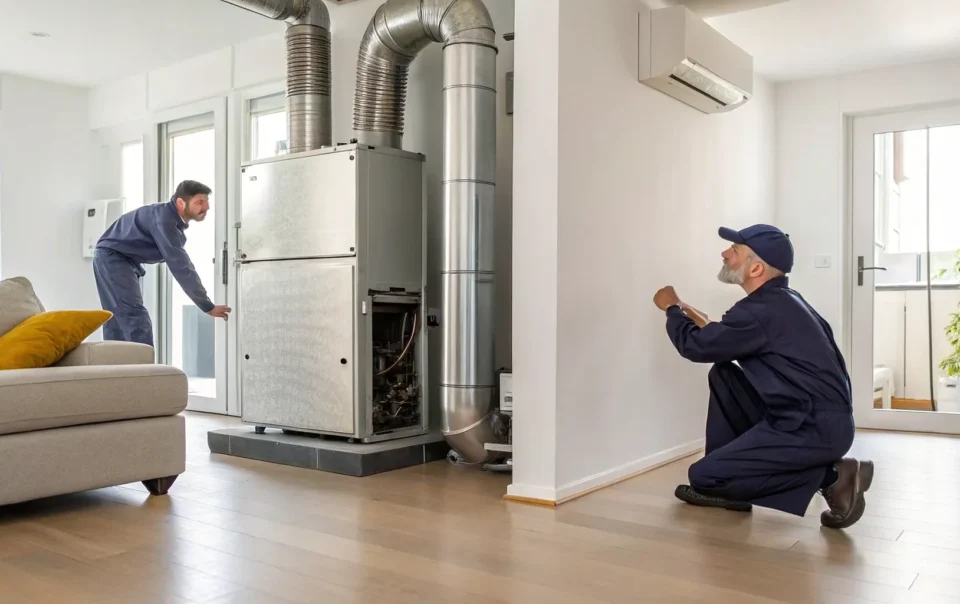 A technician inspecting the components of a home HVAC system.