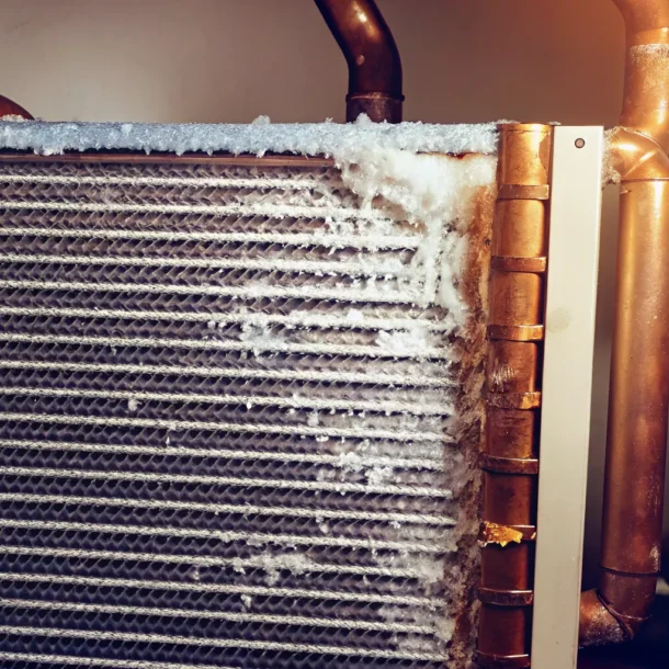 A frozen AC evaporator coil covered in thick white ice inside a home air handler