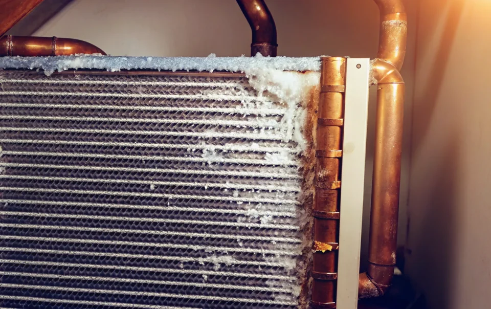 A frozen AC evaporator coil covered in thick white ice inside a home air handler
