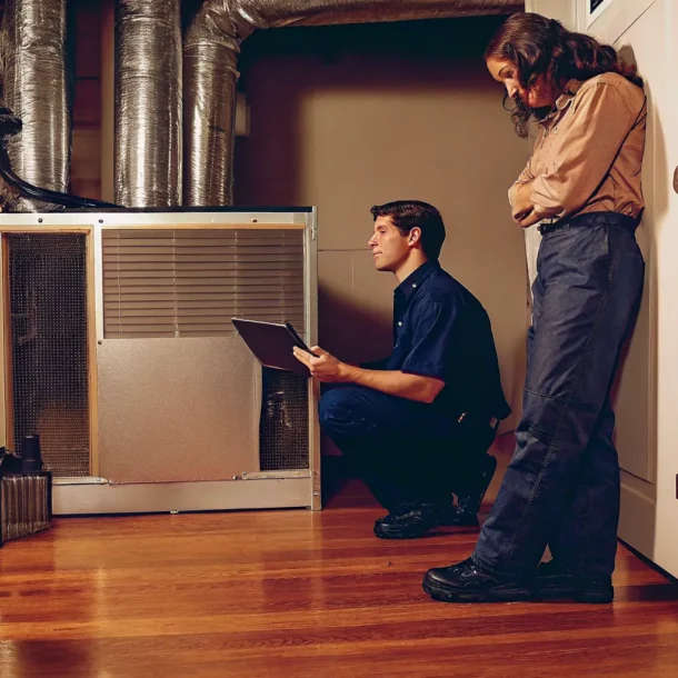 HVAC technician providing repair service for a home air conditioner.