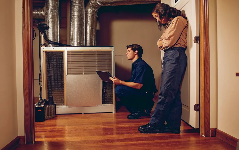 HVAC technician providing repair service for a home air conditioner.