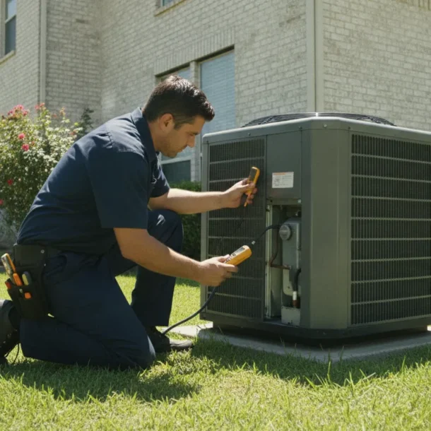 HVAC technician inspecting an outdoor AC condenser unit on a sunny Texas day