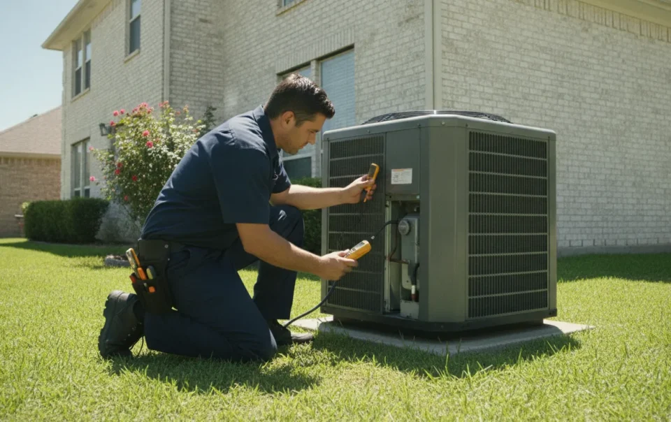 HVAC technician inspecting an outdoor AC condenser unit on a sunny Texas day