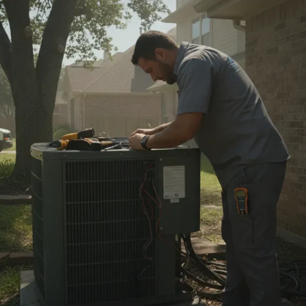 HVAC technician repairing an outdoor air conditioning unit at a residential home in Texas