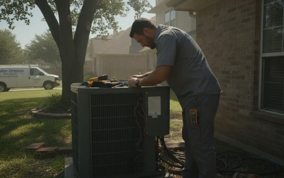 HVAC technician repairing an outdoor air conditioning unit at a residential home in Texas