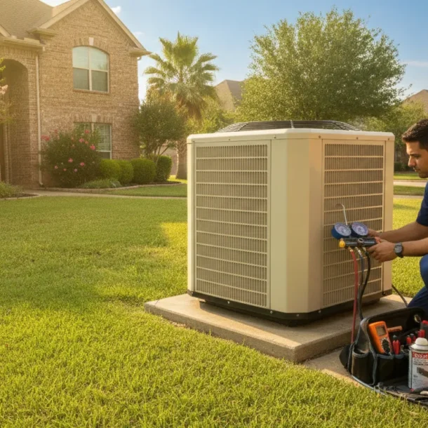 HVAC technician performing an AC tune-up on a residential air conditioning unit in Dallas-Fort Worth