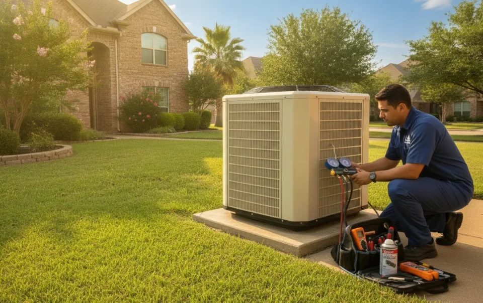 HVAC technician performing an AC tune-up on a residential air conditioning unit in Dallas-Fort Worth
