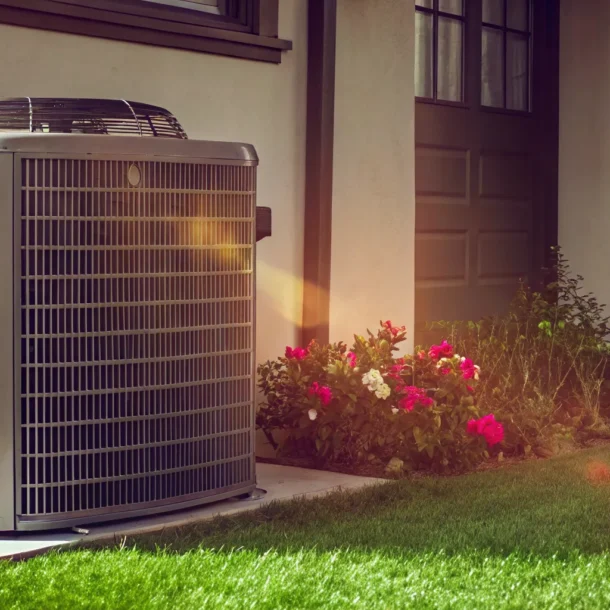 A residential outdoor air conditioning unit in a green backyard