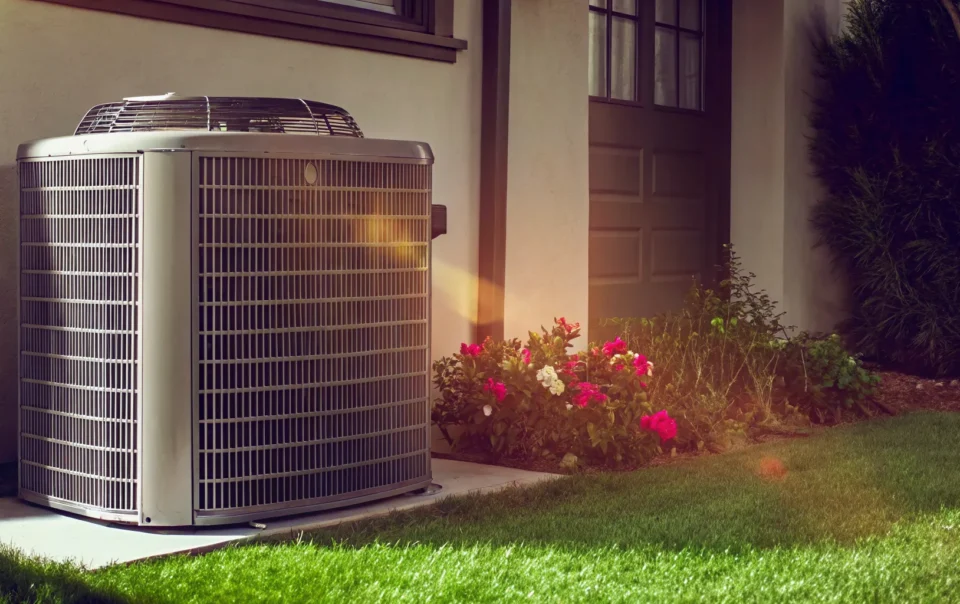 A residential outdoor air conditioning unit in a green backyard