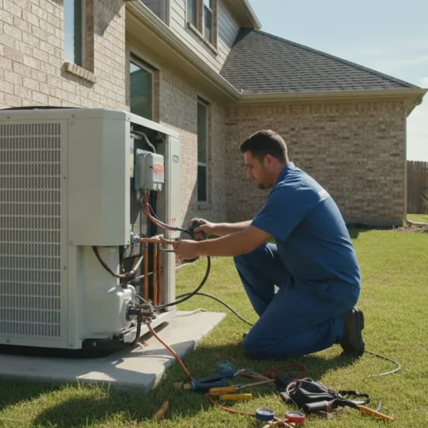 HVAC technician installing a new air conditioning unit outside a Texas home