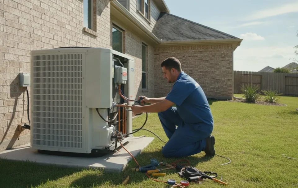 HVAC technician installing a new air conditioning unit outside a Texas home