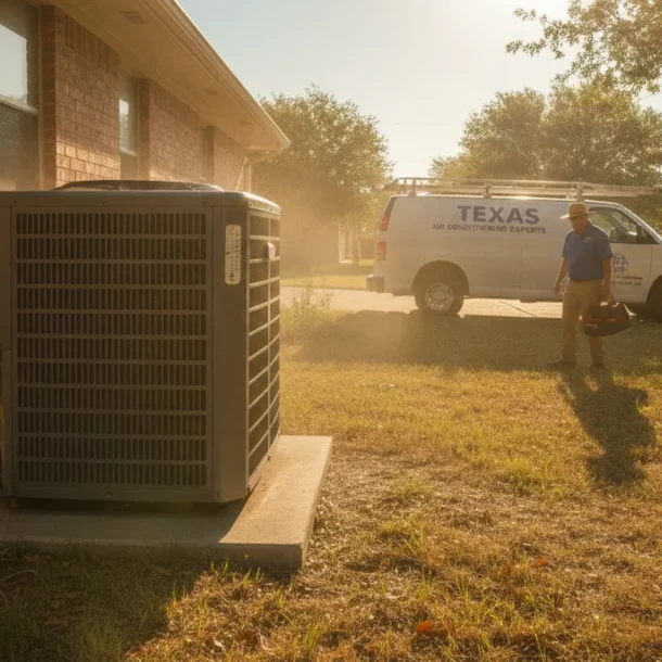 HVAC technician arriving at a home for emergency AC repair service on a hot Texas day