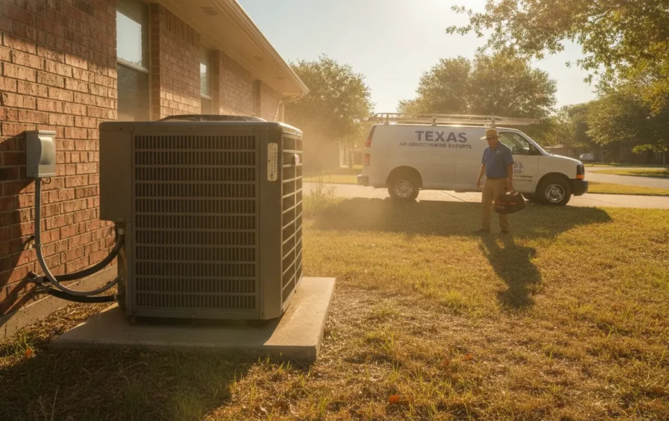 HVAC technician arriving at a home for emergency AC repair service on a hot Texas day