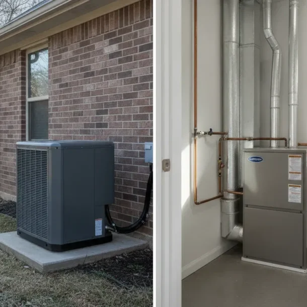 A Carrier dual-fuel heating system showing a modern outdoor heat pump condenser and an indoor gas furnace unit installed at a Dallas-Fort Worth home on a crisp winter day.