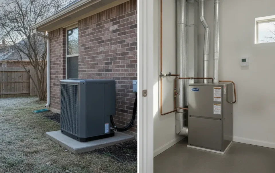 A Carrier dual-fuel heating system showing a modern outdoor heat pump condenser and an indoor gas furnace unit installed at a Dallas-Fort Worth home on a crisp winter day.