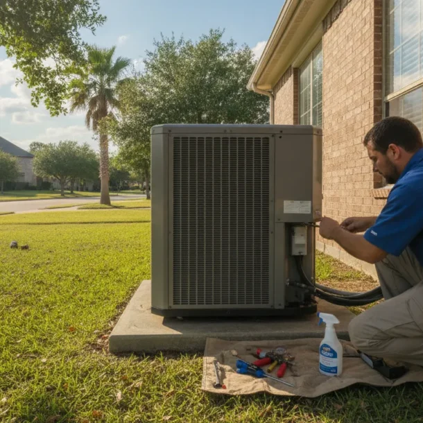 HVAC technician repairing a residential air conditioning unit outside a home on a sunny day