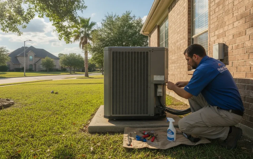 HVAC technician repairing a residential air conditioning unit outside a home on a sunny day