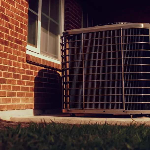 Central air conditioning condenser unit outside a Texas home in summer heat
