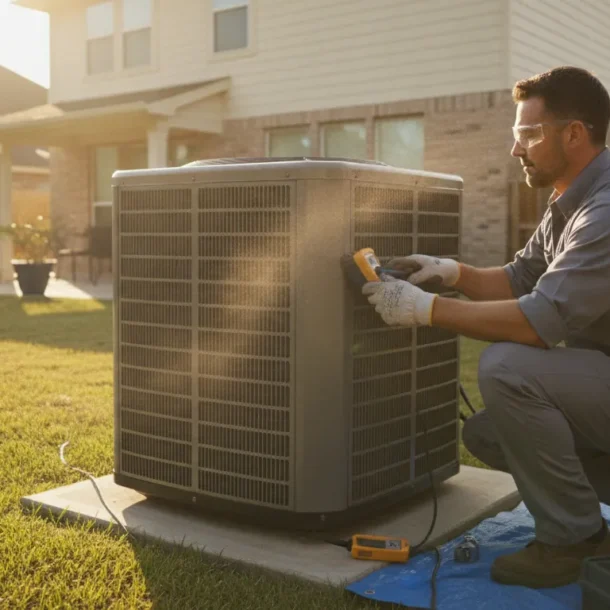 HVAC technician performing routine AC maintenance check on an outdoor condenser unit