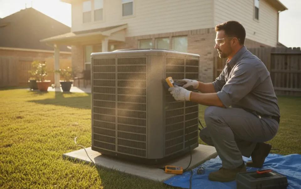 HVAC technician performing routine AC maintenance check on an outdoor condenser unit