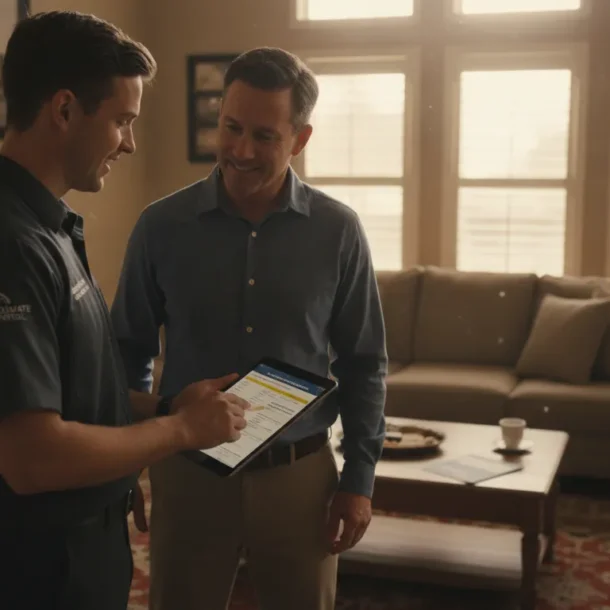 HVAC technician explaining cost breakdown to a Dallas-Fort Worth homeowner during an in-home consultation