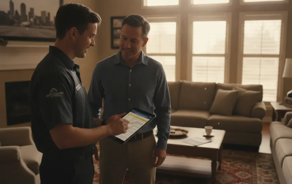 HVAC technician explaining cost breakdown to a Dallas-Fort Worth homeowner during an in-home consultation