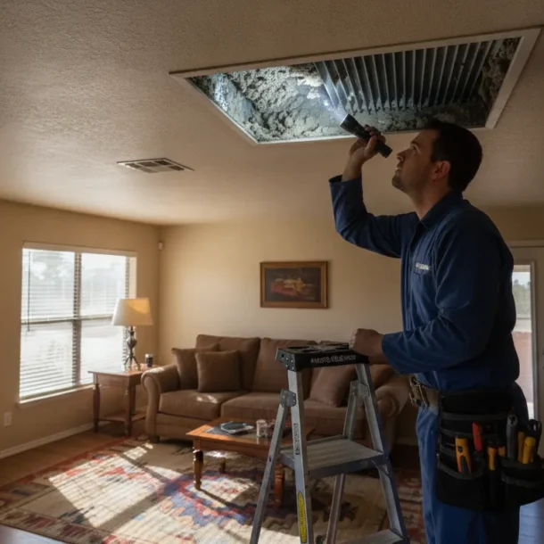 HVAC technician inspecting air duct vents in a Texas home to evaluate whether duct cleaning is needed