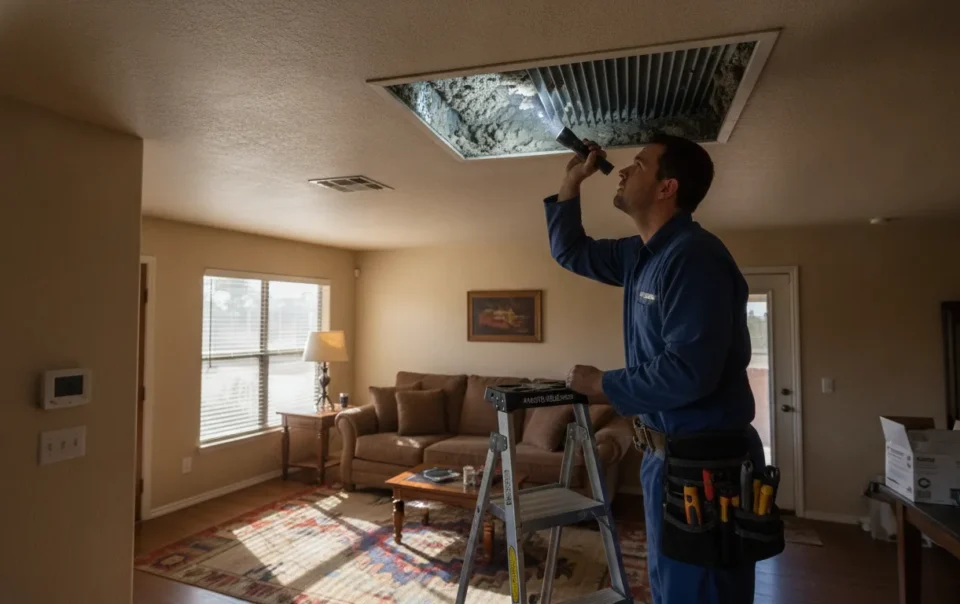HVAC technician inspecting air duct vents in a Texas home to evaluate whether duct cleaning is needed