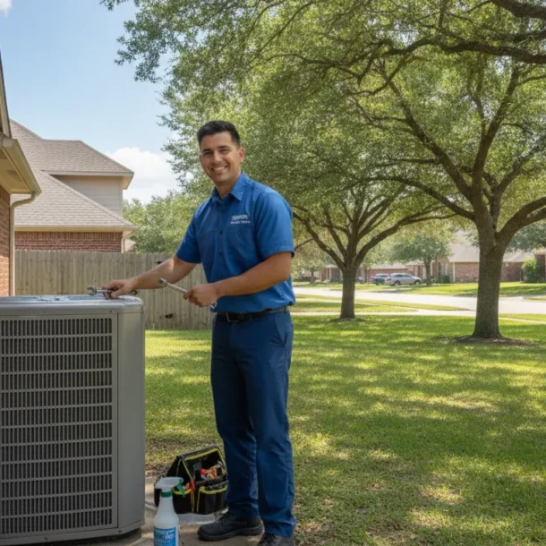 HVAC technician servicing an air conditioning unit in a Dallas-Fort Worth suburban neighborhood with brick homes and mature trees