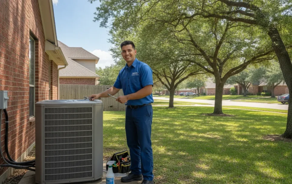 HVAC technician servicing an air conditioning unit in a Dallas-Fort Worth suburban neighborhood with brick homes and mature trees