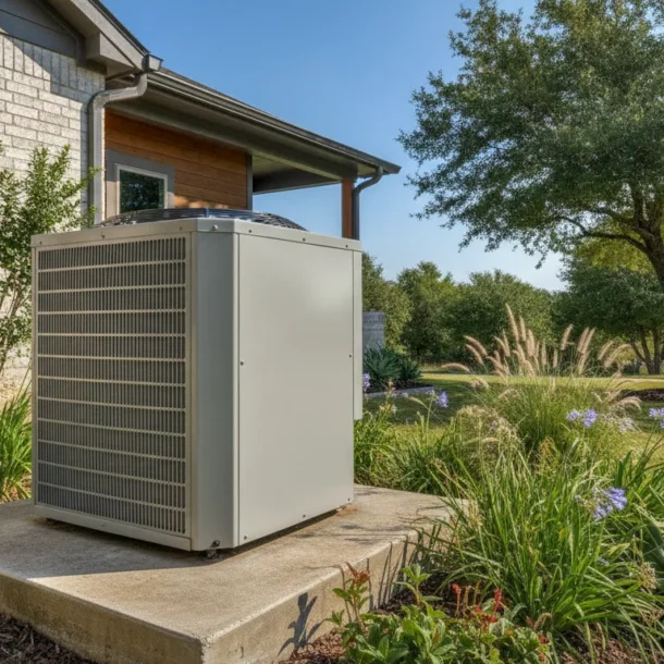 Modern residential HVAC condenser unit on a concrete pad outside a Texas home