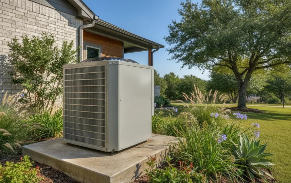 Modern residential HVAC condenser unit on a concrete pad outside a Texas home