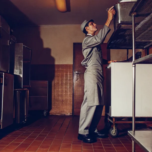 Technician checking the temperature display on a commercial walk-in cooler in a restaurant kitchen