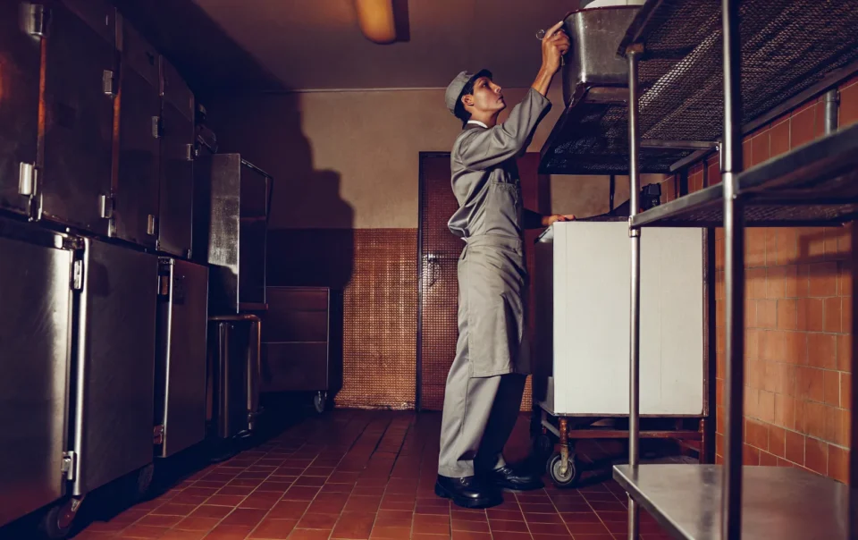 Technician checking the temperature display on a commercial walk-in cooler in a restaurant kitchen