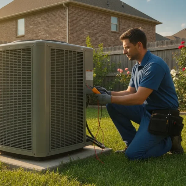 HVAC technician inspecting an outdoor air conditioning condenser unit in a residential backyard on a spring morning