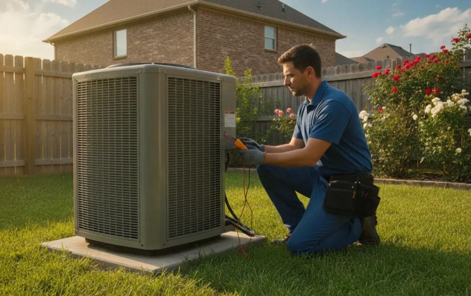 HVAC technician inspecting an outdoor air conditioning condenser unit in a residential backyard on a spring morning