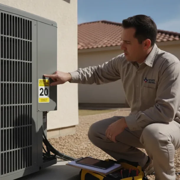 HVAC technician checking SEER rating label on an air conditioning unit outside a Texas home