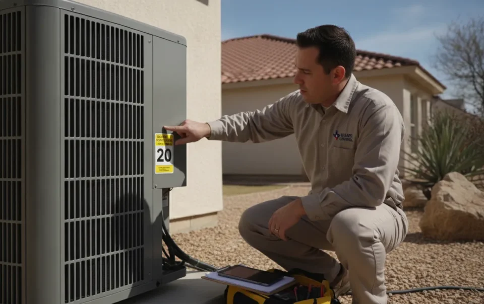 HVAC technician checking SEER rating label on an air conditioning unit outside a Texas home