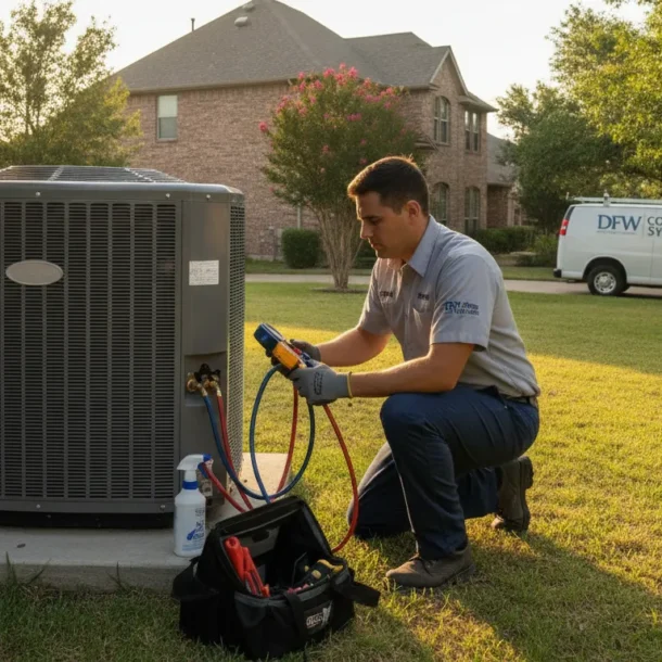 HVAC technician inspecting an air conditioning unit at a residential home in Dallas-Fort Worth